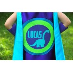 As seen on Cool Mom Picks - NEW Personalized Full Name Dinosaur SUPERHERO CAPE + 1 pair coordinating dino arm bands - Customized dino gift