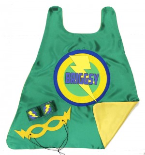 BOYS Full Name PERSONALIZED SUPERHERO Cape - Green and Yellow - Full Name or Nickname - Optional Accessories