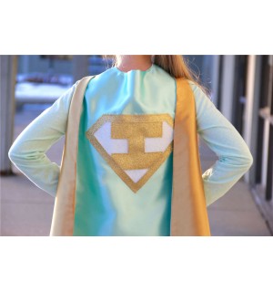 KIDS Personalized Mint and Gold Superhero Cape Set - Gold Shield - Customized Cape with INITIAL - Gold wrist bands - Basic bolt mask