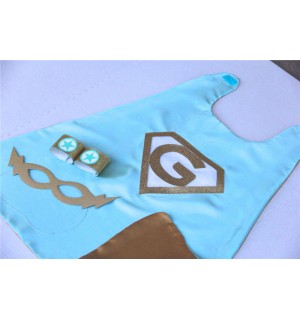 KIDS Personalized Mint and Gold Superhero Cape Set - Gold Shield - INITIAL - Gold wrist bands - Basic bolt mask