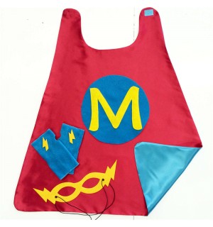Fast Ship - Red and Turquoise  SUPER INITIAL Superhero Cape - 3 color choices - Add coordinating Fingerless Gloves and Super Hero Mask