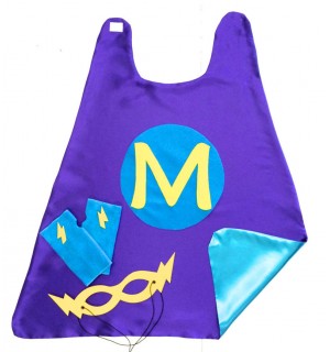 Kids Purple SUPER INITIAL Super Hero Cape - Fast shipping - Add optional coordinating Fingerless Gloves and Super Hero Mask - Easter ready