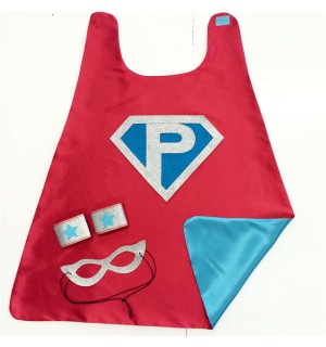 Fast Ship Red - Turquoise Silver - SHIELD with INITIAL - Kids Superhero Cape - optional coordinating silver wrist bands and Super Hero Mask