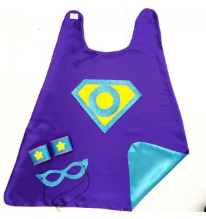 Fast Ship Red - Turquoise Silver - SHIELD with INITIAL - Kids Superhero Cape - optional coordinating silver wrist bands and Super Hero Mask