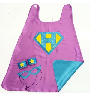 Fast Shipping - Girls CUSTOM INITIAL SHIELD Superhero Cape - optional coordinating sparkle wrist bands and Super Hero Mask