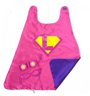 Girls CUSTOM INITIAL SHIELD Superhero Cape - Fast Shipping - optional coordinating sparkle wrist bands and Super Hero Mask