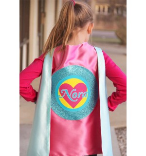 Pink and Mint Sparkle Girls Heart SUPERHERO CAPE with Full Name - Valentines Day Ready - Personalized Easter Gift - Ships Fast